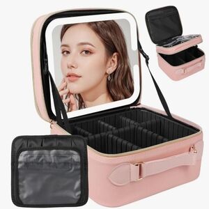 Travel Case Beauty/Hair Organizer Storage Pink w Light Up Mirror 10x9x4 New